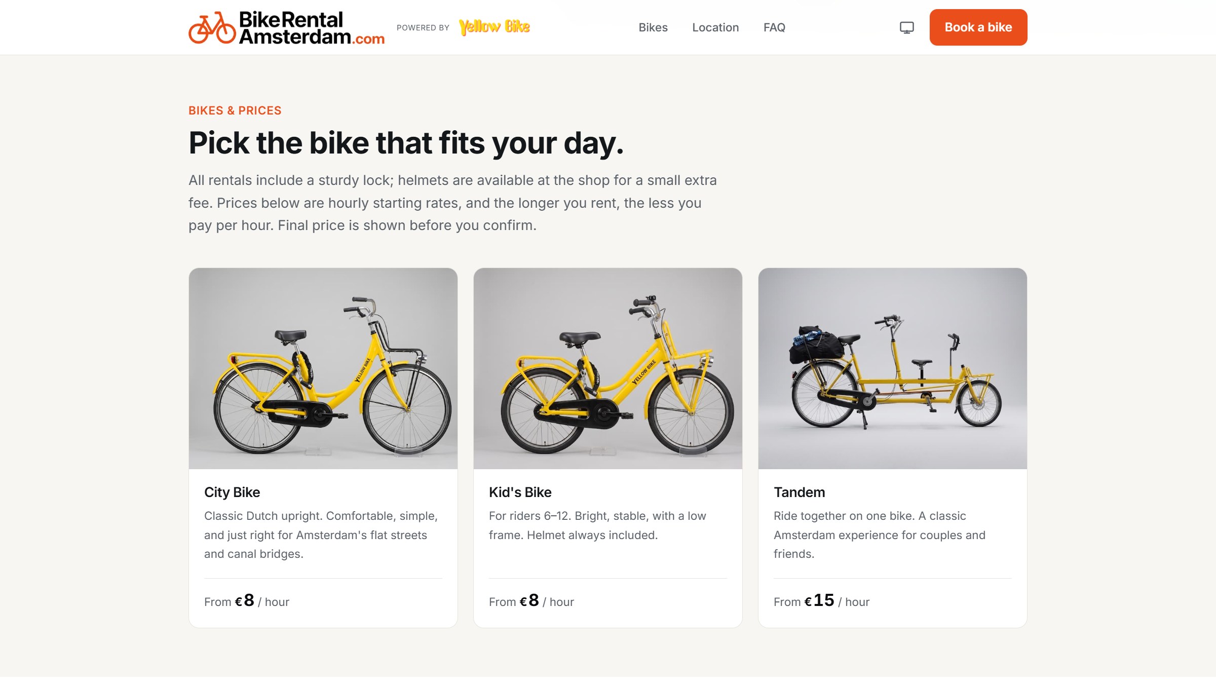 Overzicht van het fietsaanbod met uurtarieven