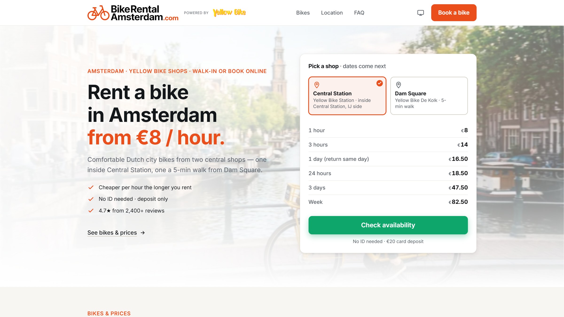 Homepage van bikerentalamsterdam.com met boekingswidget