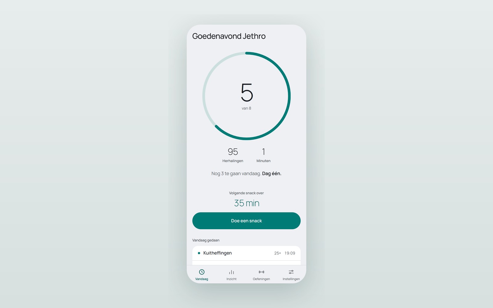 Het vandaag-scherm van de FitSnack-app met de dagring, herhalingen en de gedane snacks van vandaag
