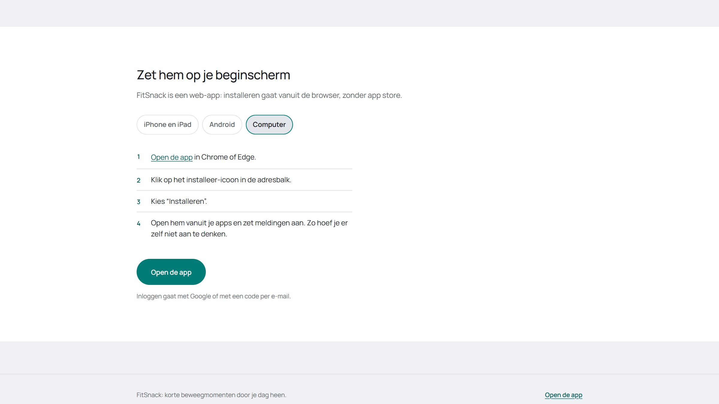 Installatie-instructies per platform op fitsnackapp.com
