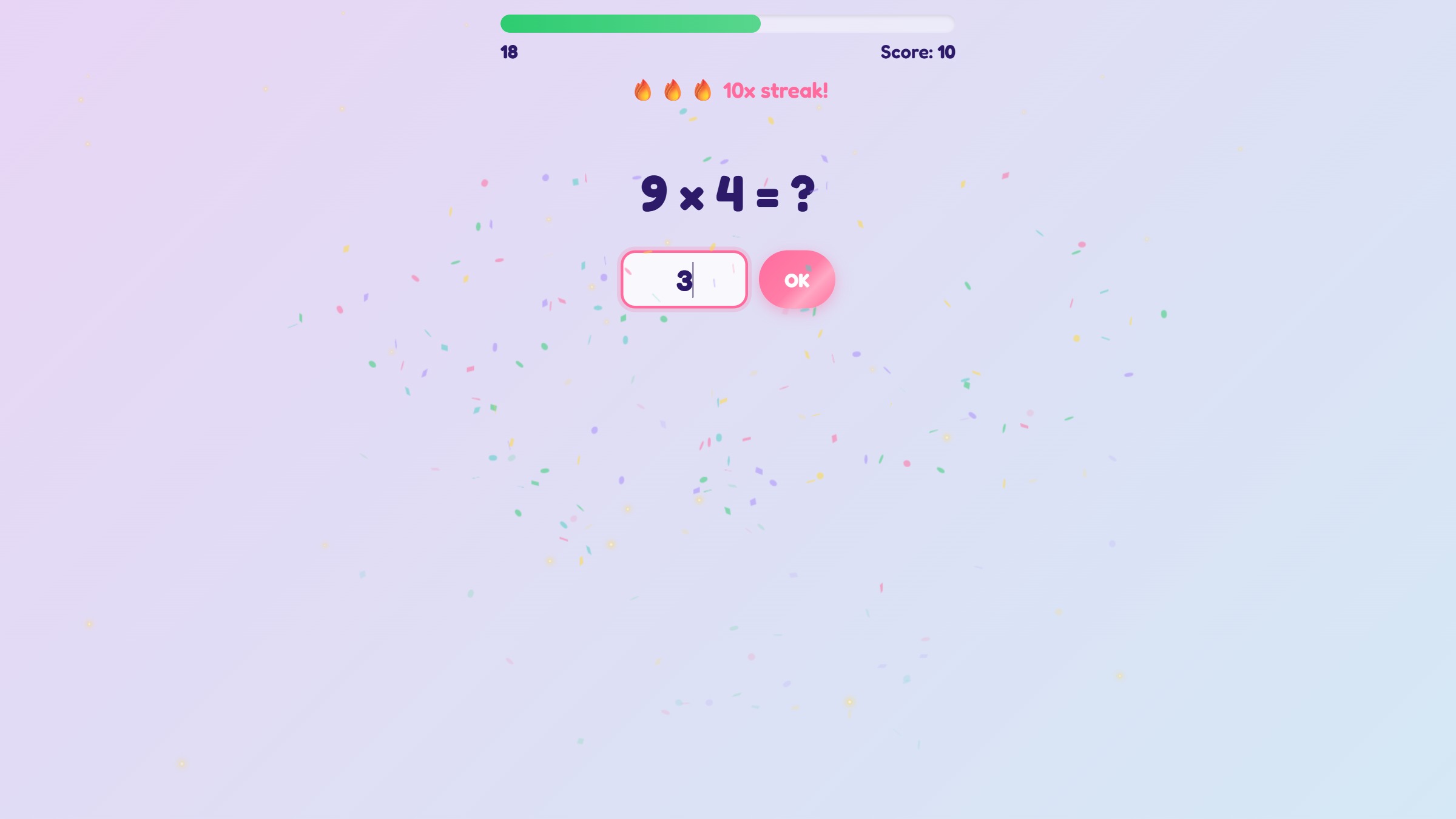 Het spelscherm van TurboTafels met een som, timer, score en streak