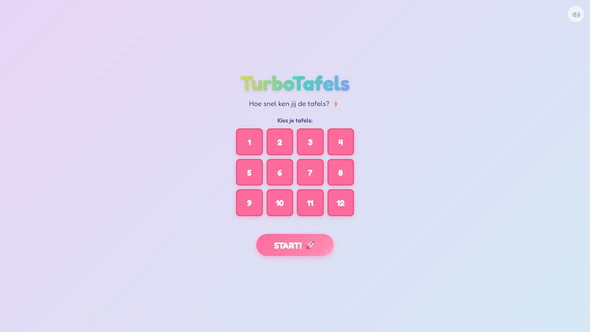 Het startscherm van TurboTafels met de tafelkeuze en startknop